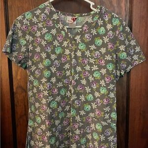White Cross Gray Floral Scrub Top